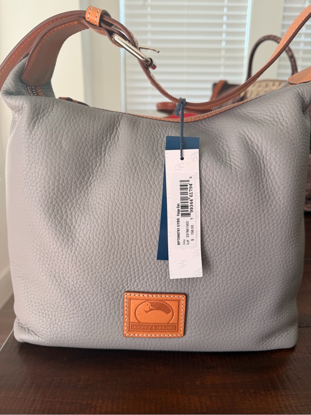 Dooney & Bourke Pebble Leather Hobo Bag - Light Gray with Tan Trim - Picture 1 of 2